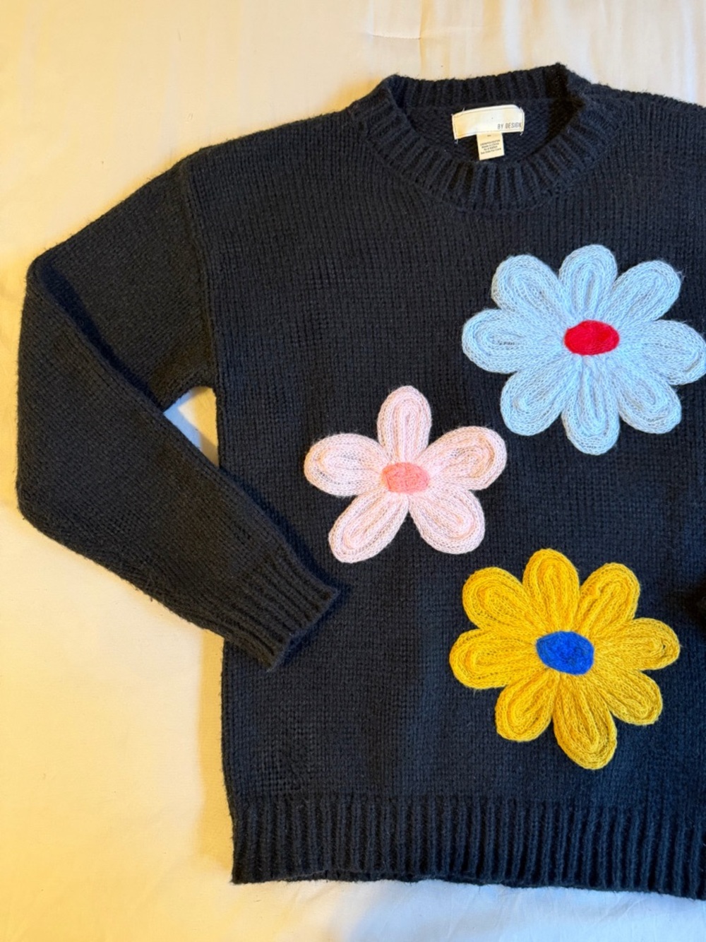 Women’s Navy Floral Appliqué Sweater - Casual Crewneck